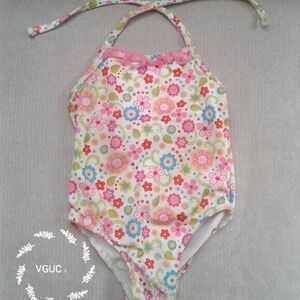 al & ray Toddler Size 2T One Piece Swimsuit Cream Pink Blue Floral Ruffle